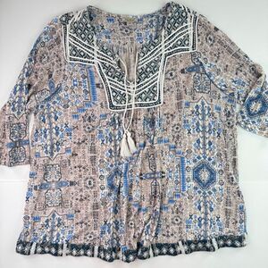 Lucky Brand Embroidered Print Peasant Blouse Top Plus Size 2X Blue Boho Bohemian